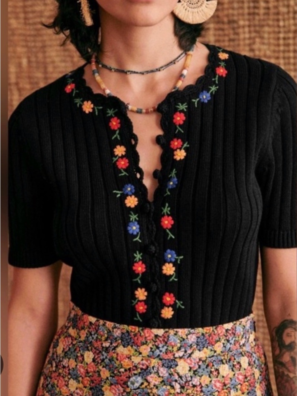 Sezane Embroidered Black Floral TrimRibbed Short-Sleeve Sweater